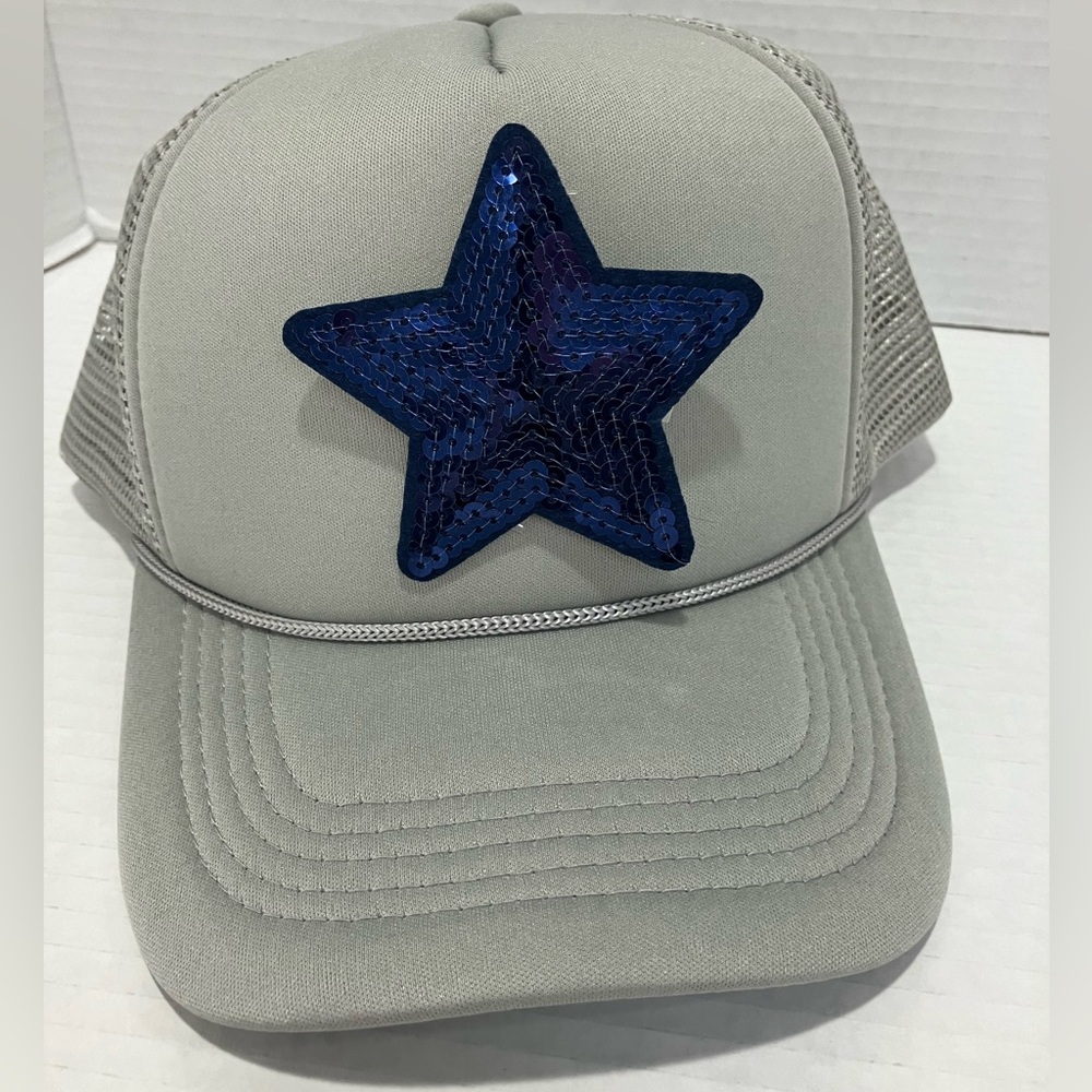Gray Trucker Hat With Blue Sequin Patch - image 1